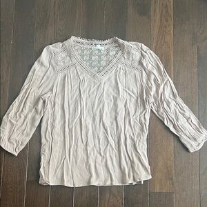 JohnPaulRichard Lace Yoke V-Neck Blouse in Light Taupe